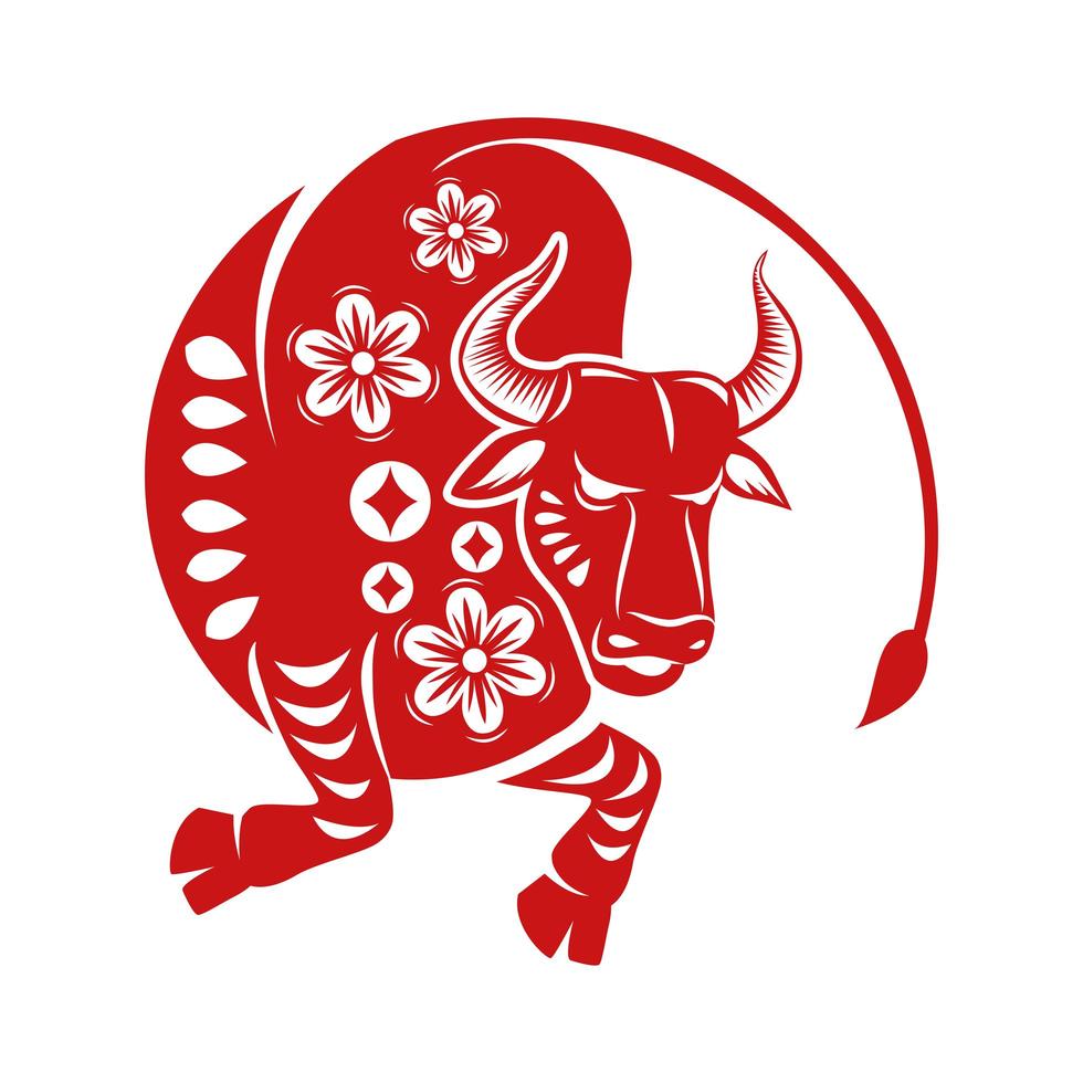 chinese new year red ox with floral pattern vector