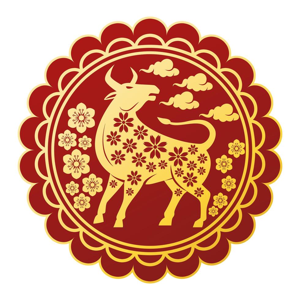 chinese new year golden ox in circular lace frame vector