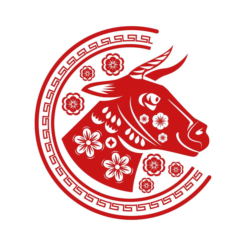 chinese new year red ox head with floral pattern vector