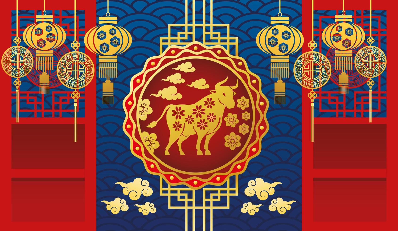 chinese new year card with golden ox and lamps hanging vector