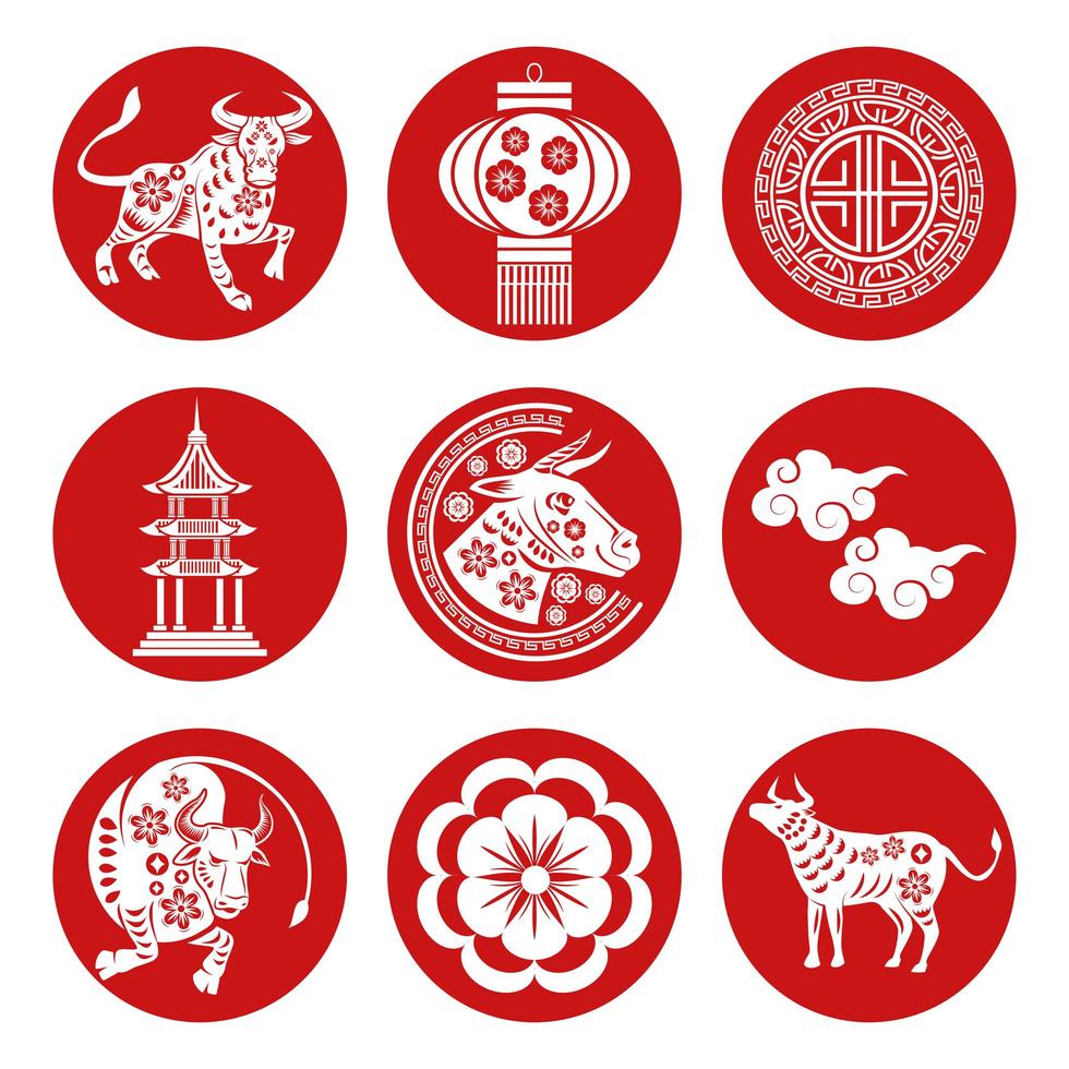 paquete de nueve iconos del año nuevo chino vector