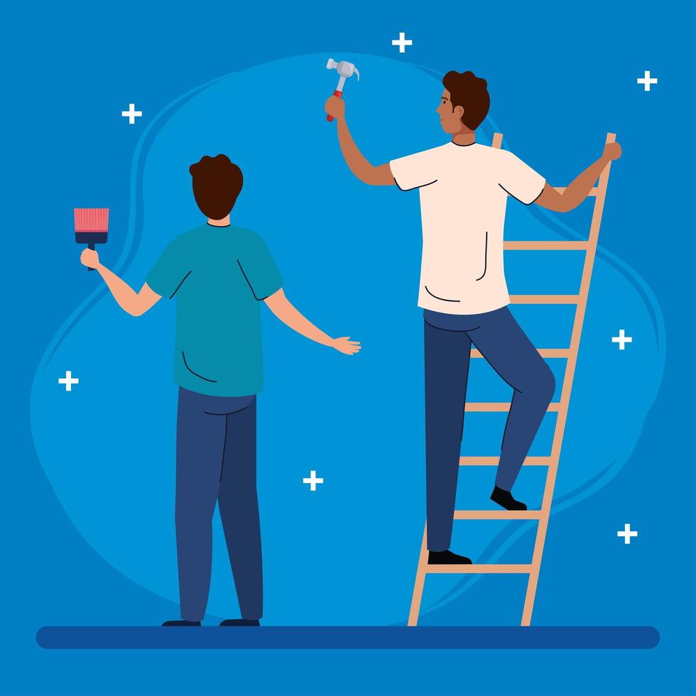 men with construction hammer, paint brush and ladder vector design