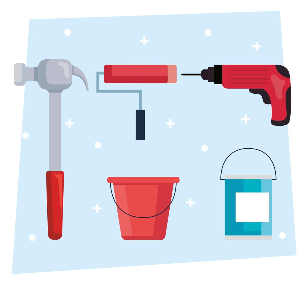 construction hammer, drill, paint roll and bucket vector design