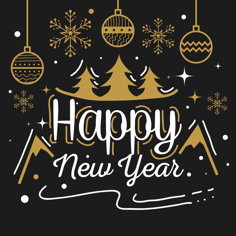 Happy new year with pine trees, mountains and spheres vector design