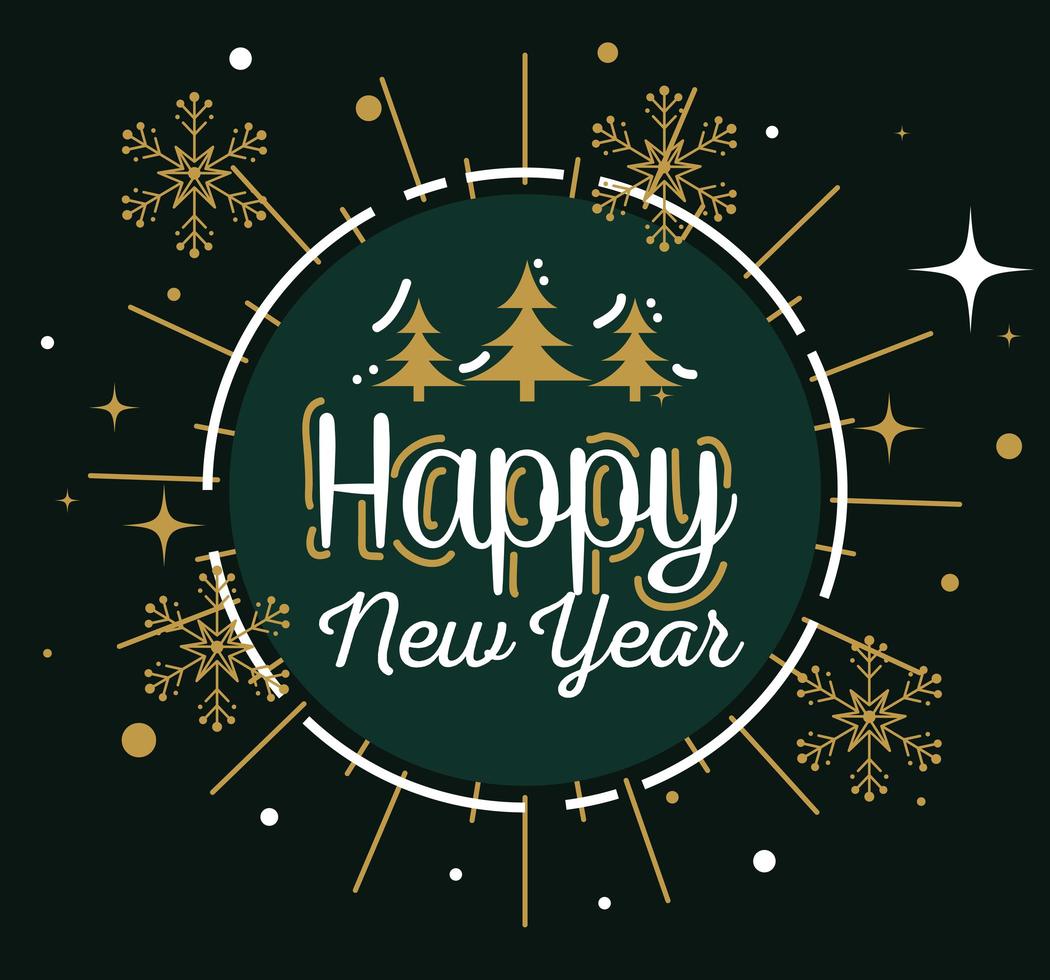 Happy new year with pine trees in seal stamp and snowflakes vector design