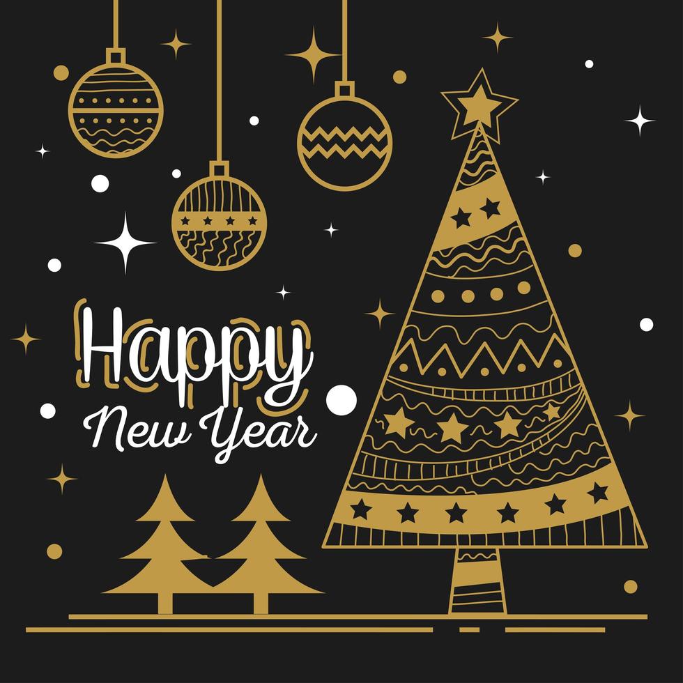 Happy new year with pine, trees and spheres vector design