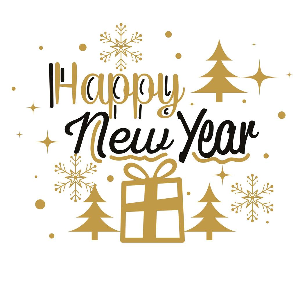 Happy new year with gift and pine trees vector design