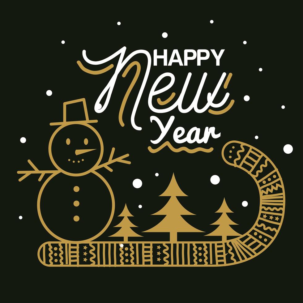 feliz año nuevo con muñeco de nieve dulces y pinos diseño vectorial vector