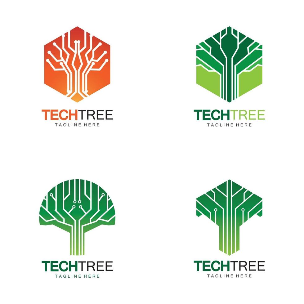 concepto de logotipo de árbol de tecnología tecnología de red verde vector