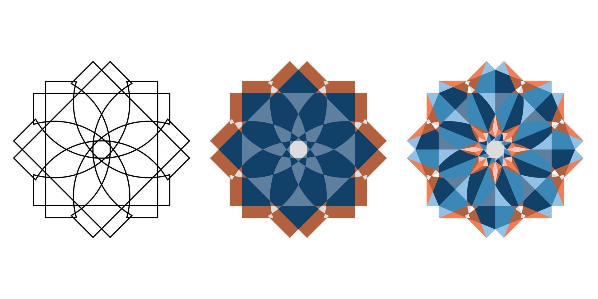 Linear and flat and polygonal oriental geometric blue brown kaleidoscope vector