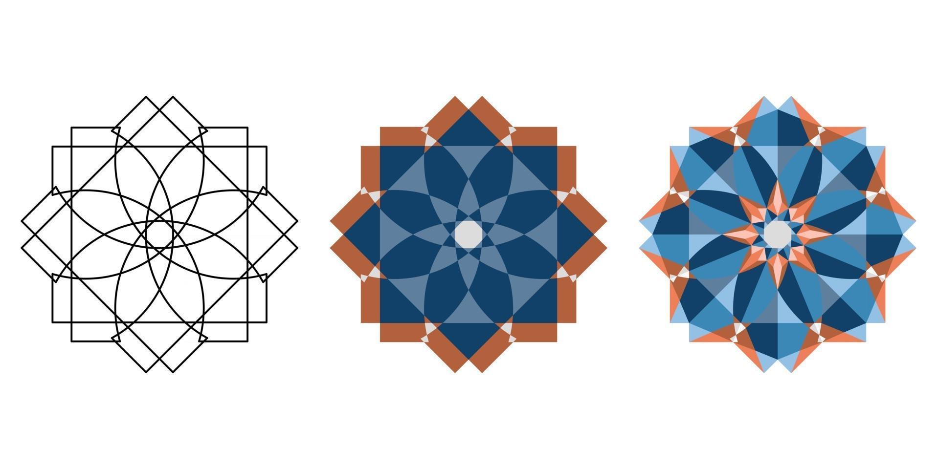 Linear and flat and polygonal oriental geometric blue brown kaleidoscope vector
