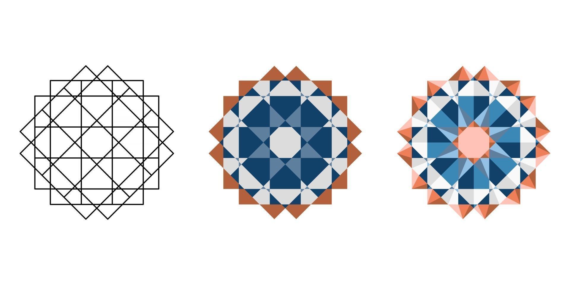 Mandala marrón azul geométrica oriental lineal y plana y poligonal. vector