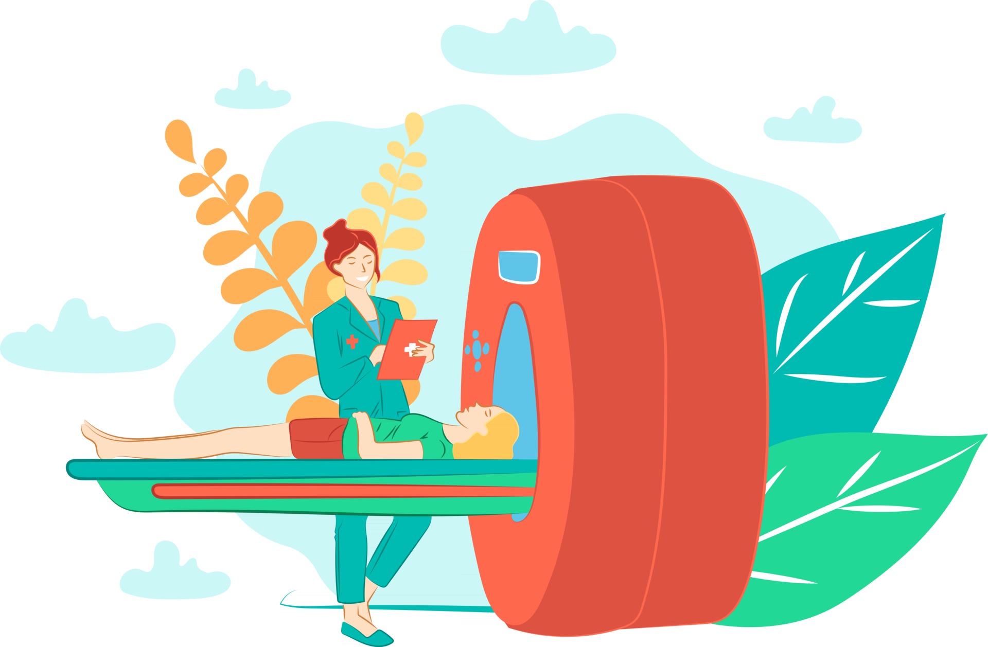 This Is A Flat Illustration Of A Doctor And A Girl Receiving Radiation This Is A Flat Illustration Of A Doctor And A Girl Receiving Radiation