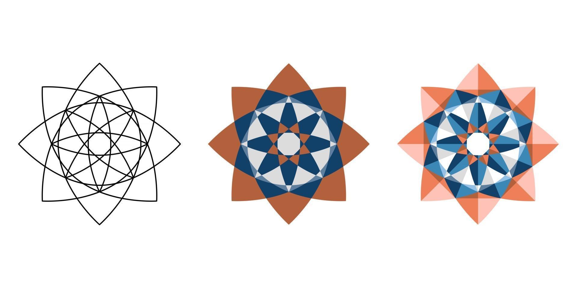 Linear and flat and polygonal oriental geometric blue brown star vector