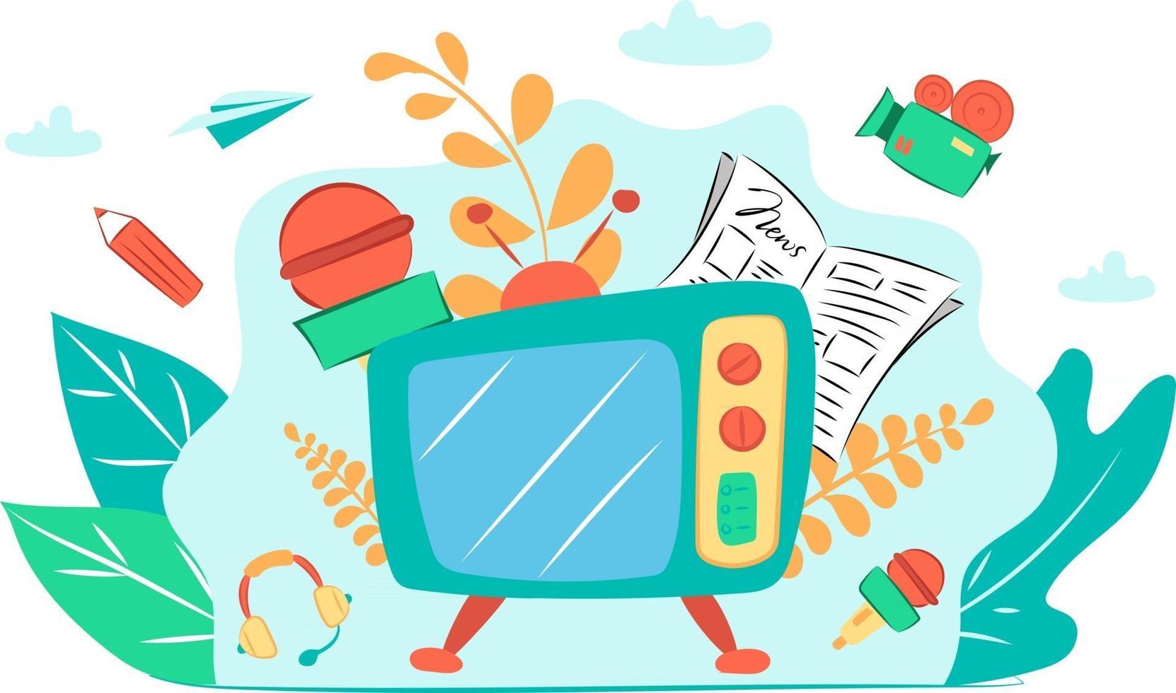 This is a flat illustration with a TV and video camera and microphones and newspaper and pencil and scholars vector