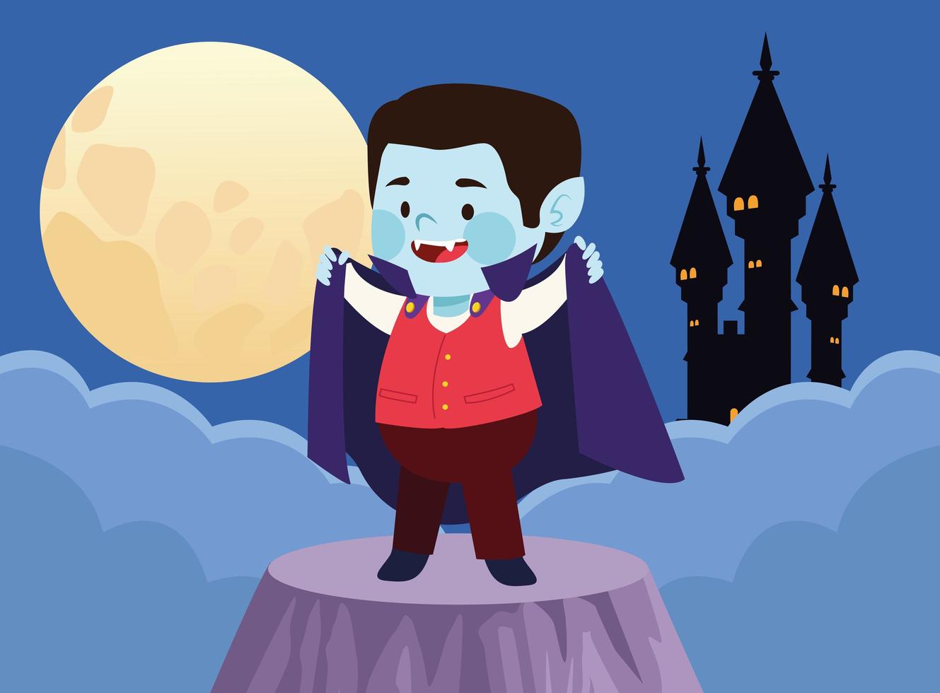 lindo niño vestido como un personaje vampiro y un castillo vector