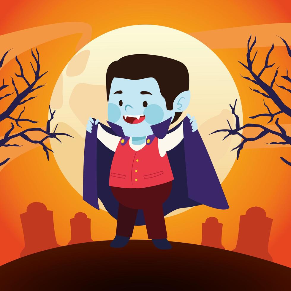 niño lindo vestido como un personaje vampiro en el cementerio vector