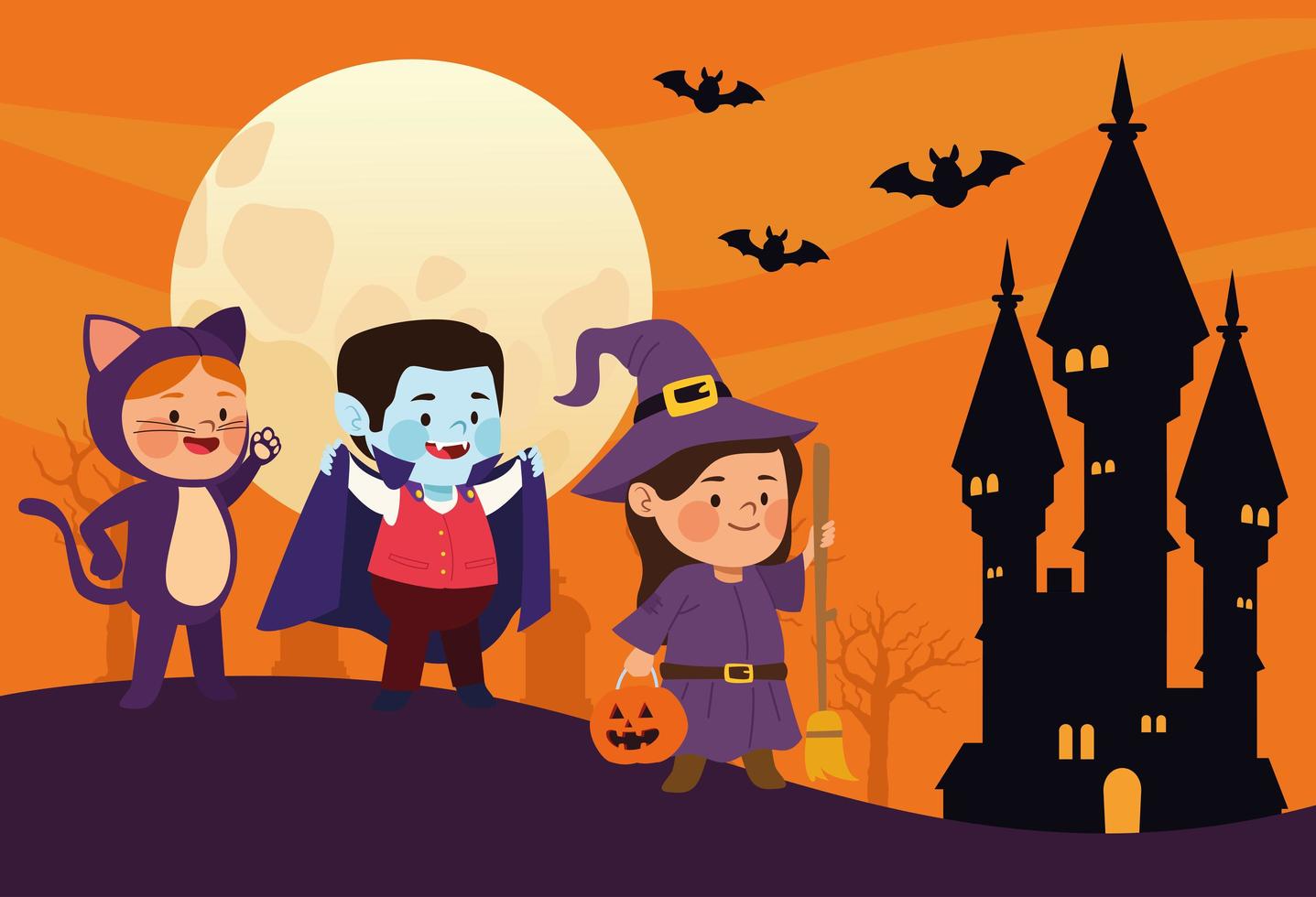 cute little kids dressed as a cat and witch with vampire in castle scene vector