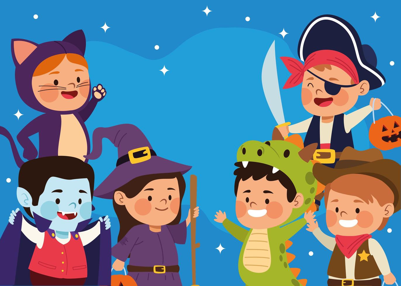 cute little kids dressed as a differents characters at night scene vector