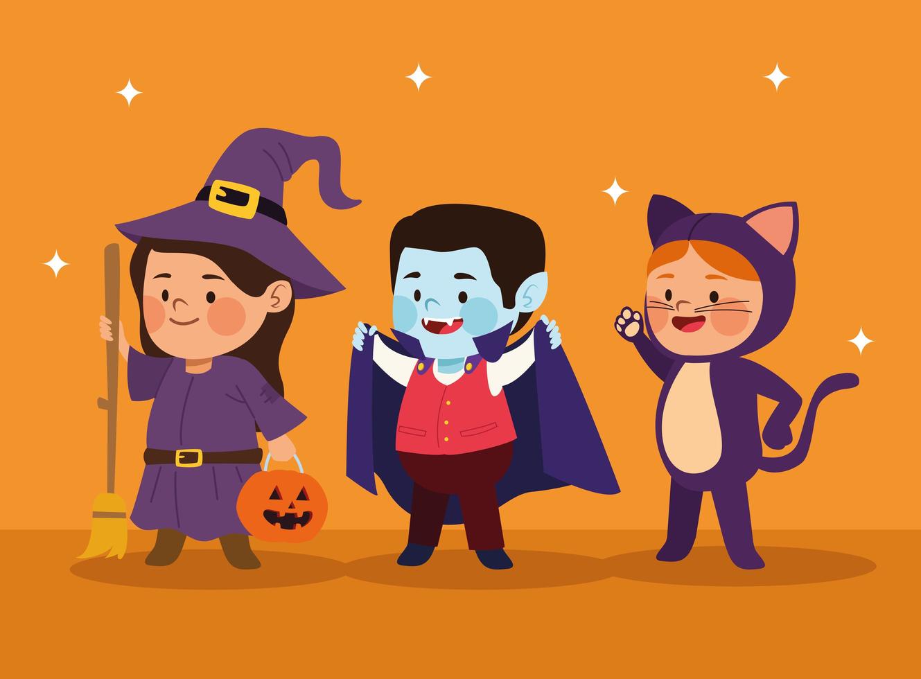 cute little kids dressed as a cat and witch with vampire characters vector
