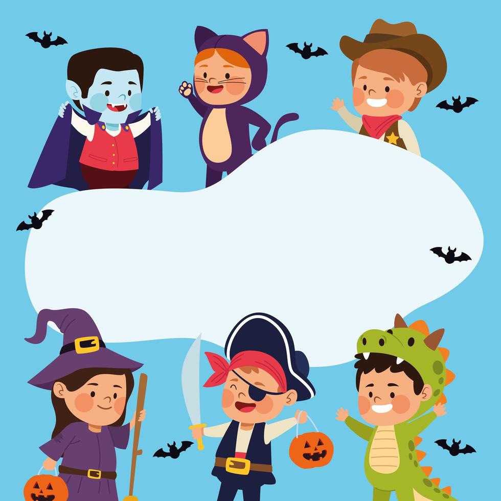 cute little kids dressed as a differents characters and bats vector
