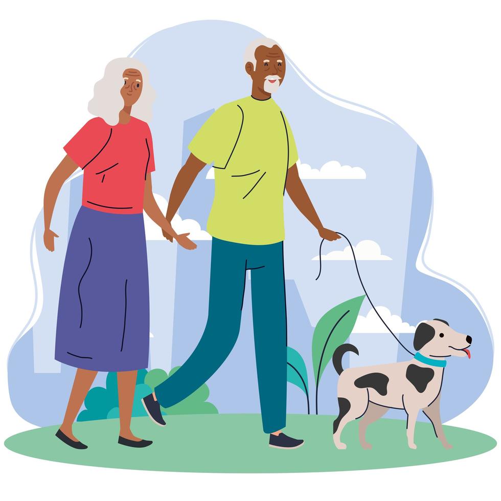 old afro couple walking with dog pet in the park vector