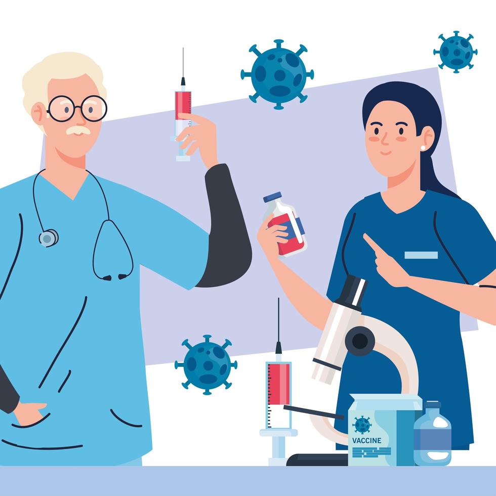Medical vaccine research. Couple of doctors with laboratory instruments in development of coronavirus covid19 vaccine vector