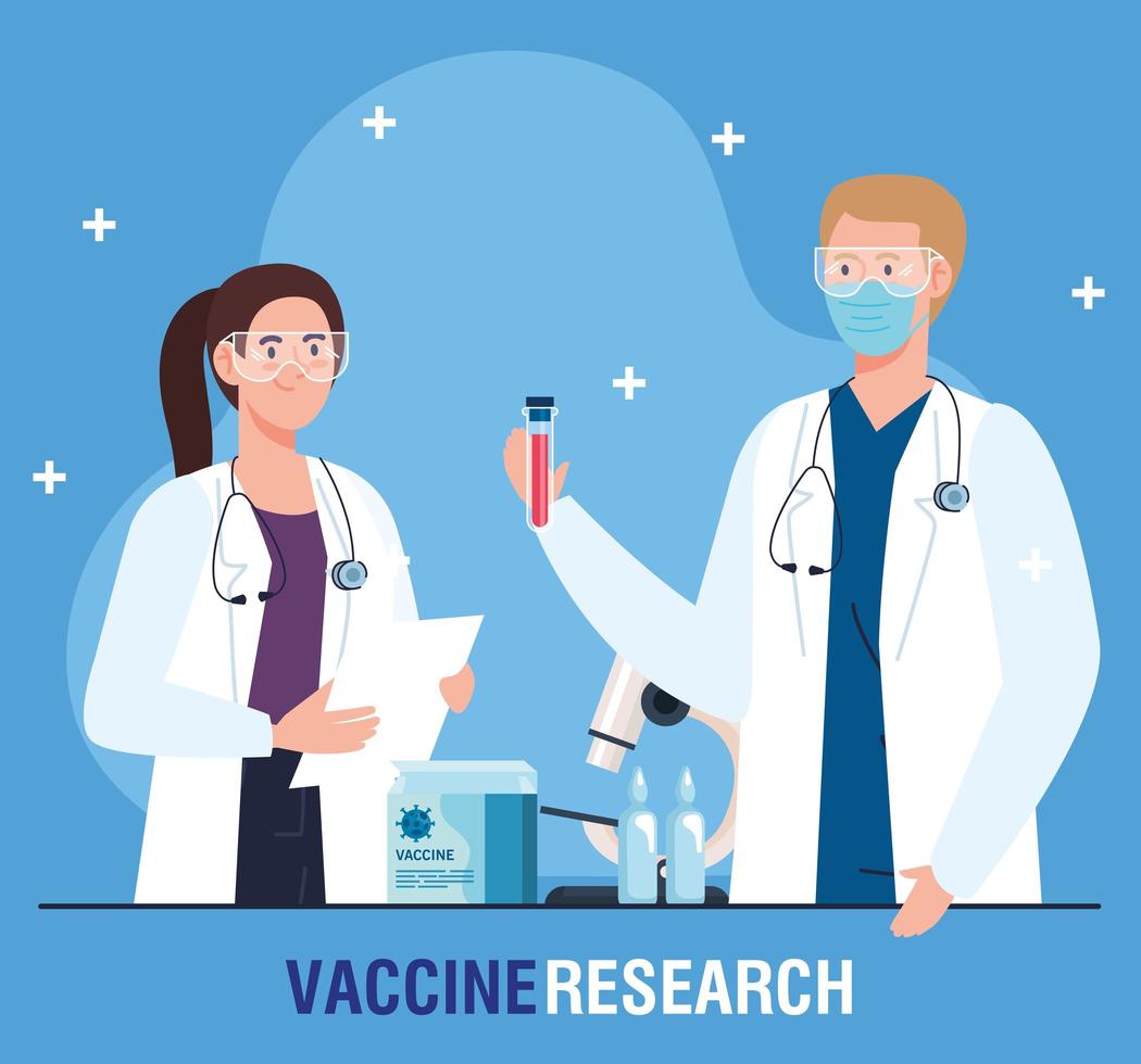 Medical vaccine research. Couple of doctors, professionals on development of coronavirus covid19 vaccine vector