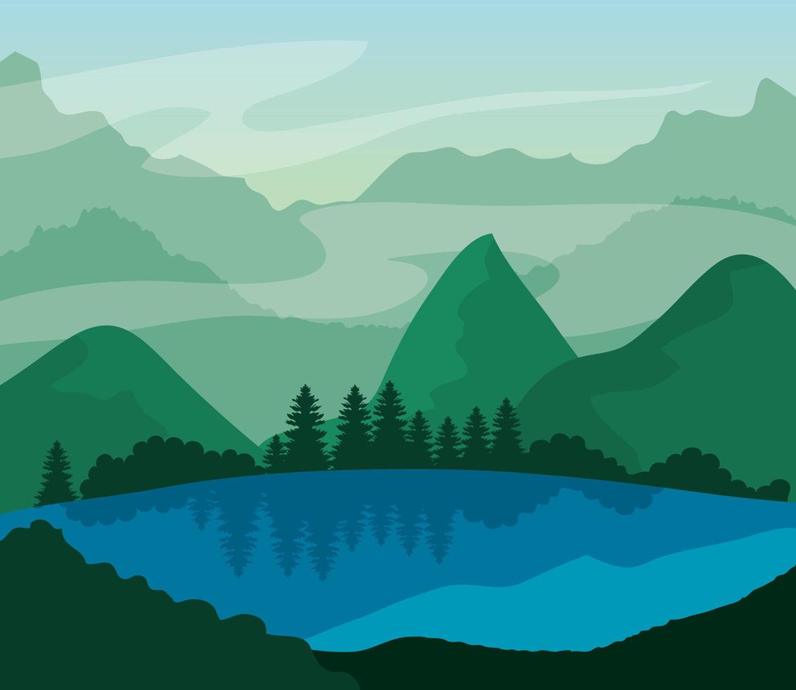 landscape nature with lake, pine trees and mountains vector