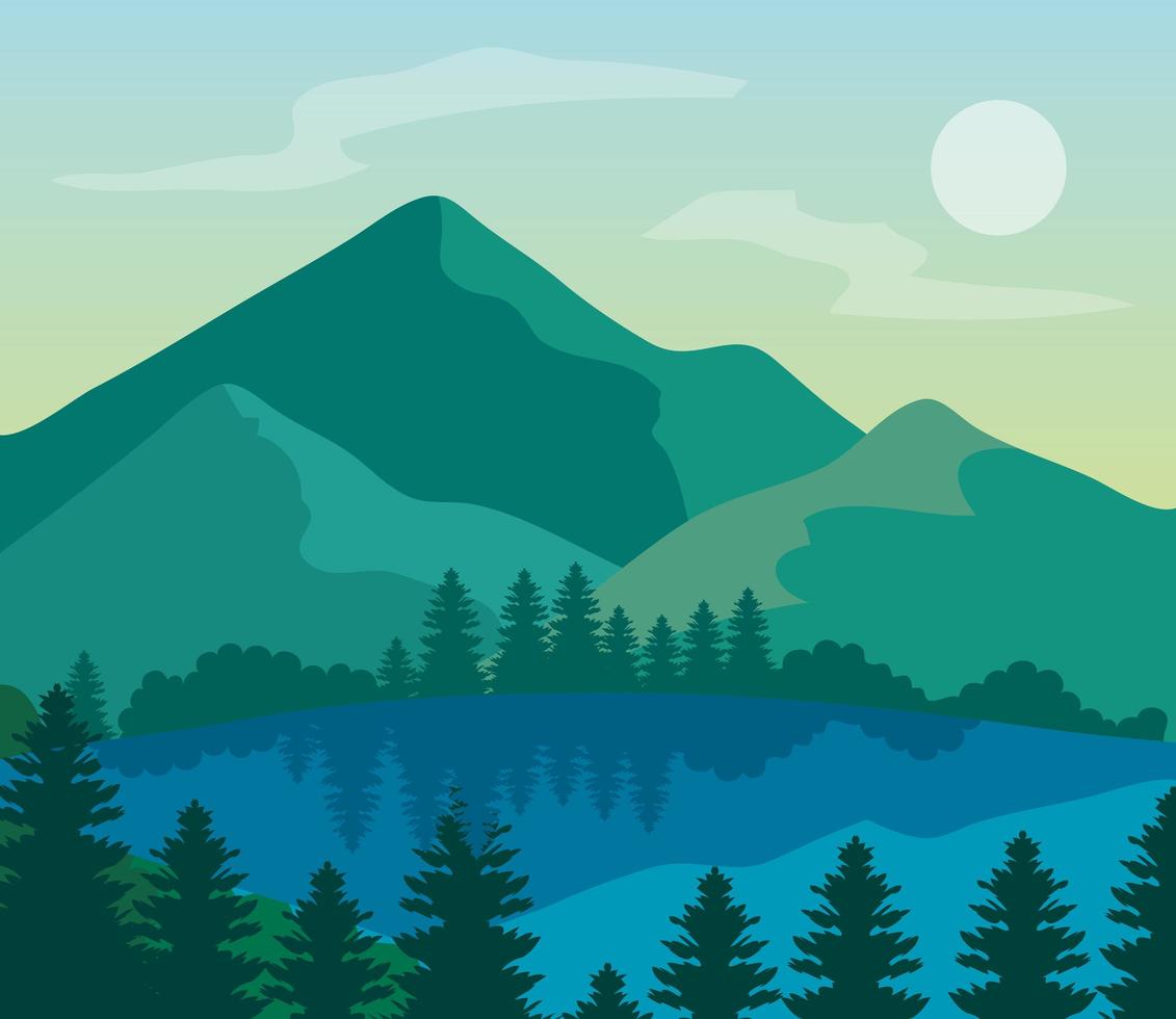 landscape nature and lake, pine trees with mountains vector