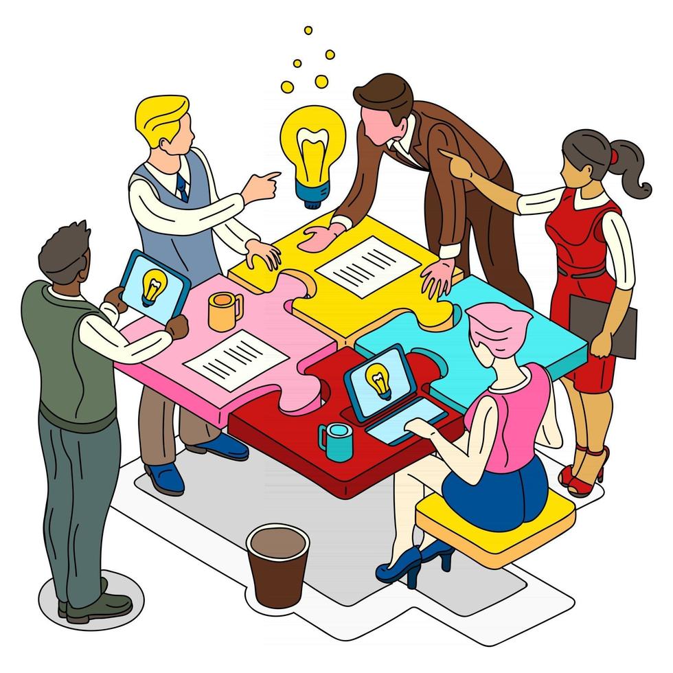 This is an illustration of teamwork in retro style and the generation of a creative idea in a group of different people vector