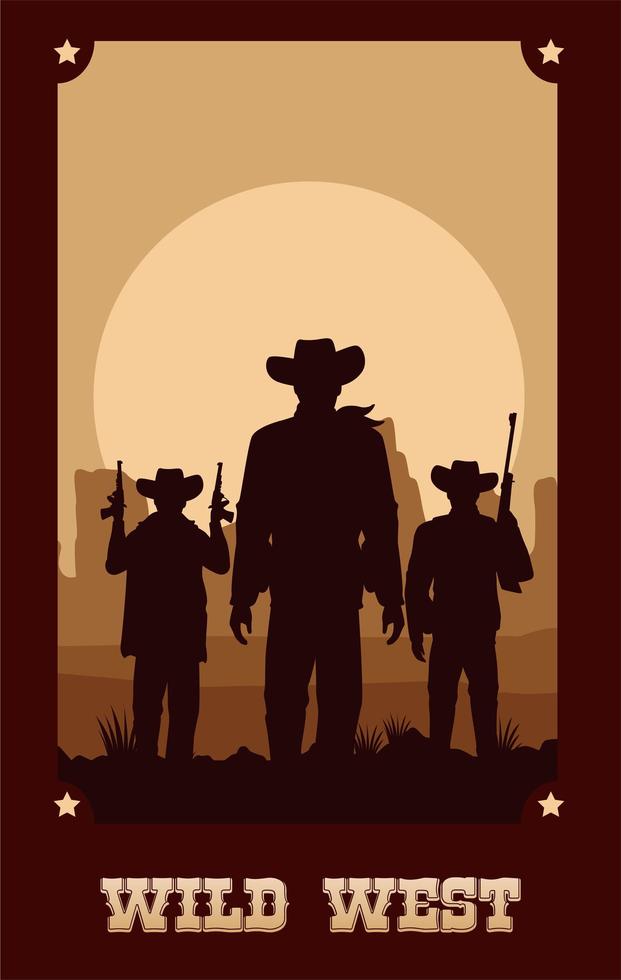 wild west lettering in poster with cowboys and guns vector