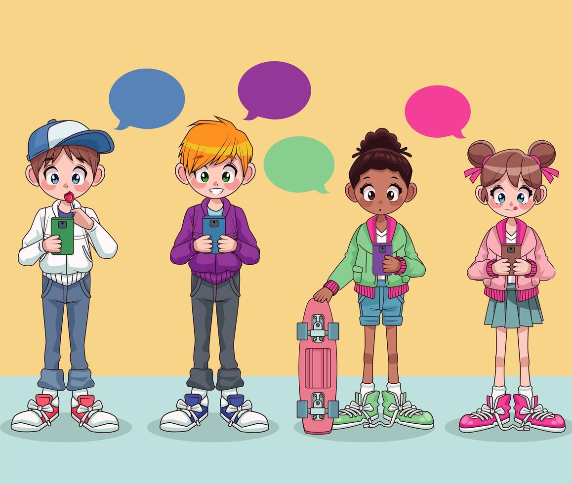 jóvenes adolescentes interraciales niños charlando con personajes de teléfonos inteligentes vector