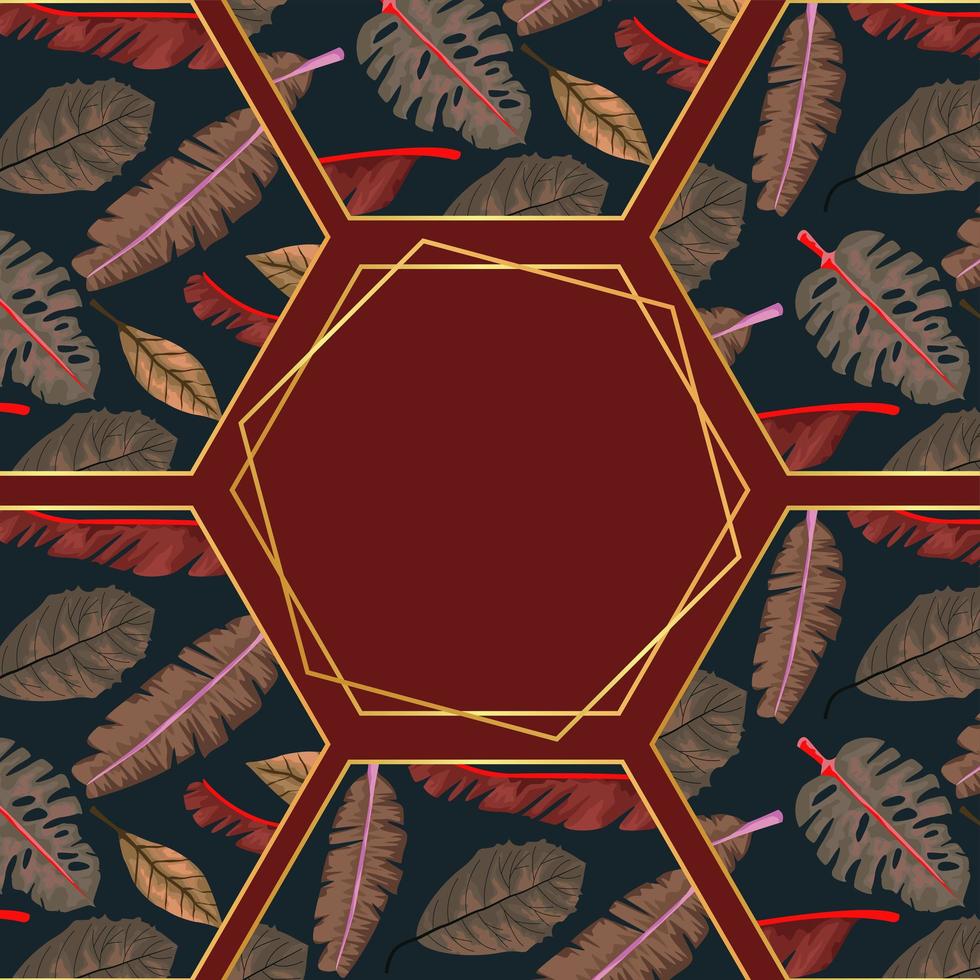 patrón de hojas secas de otoño en marco hexagonal vector