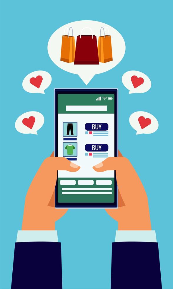online shopping technology with hands using smartphone and bags vector