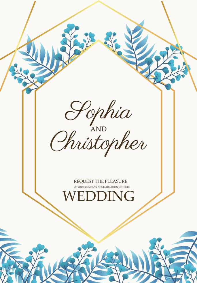 wedding invitation card with blue leafs and golden frame vector