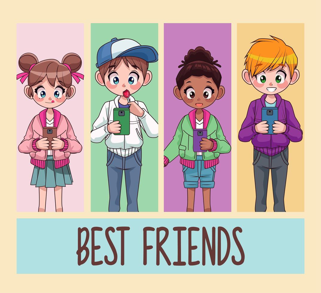 young interracial teenagers kids best friends using smartphones vector