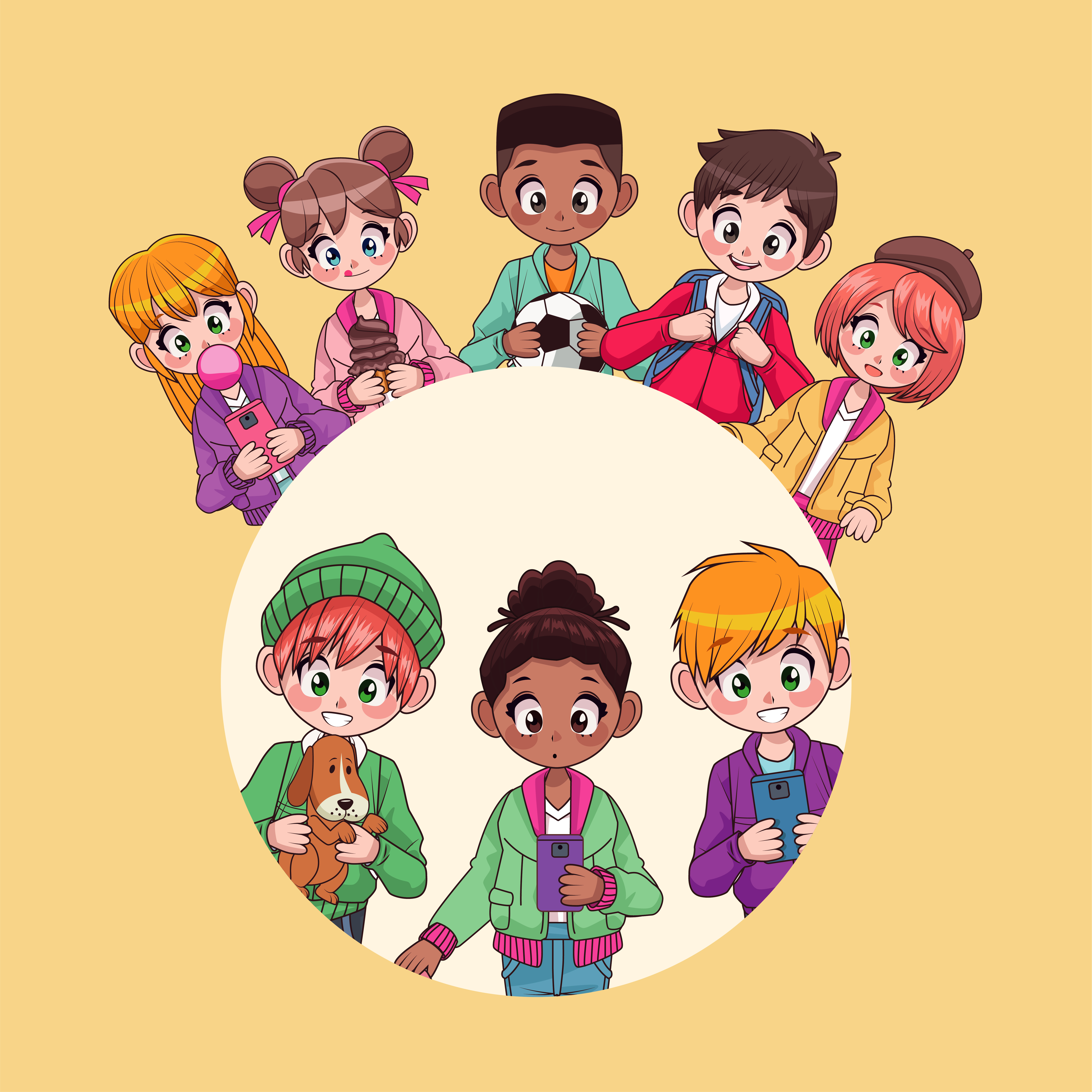 young interracial teenagers kids around anime characters 2533860 Vector Art  at Vecteezy