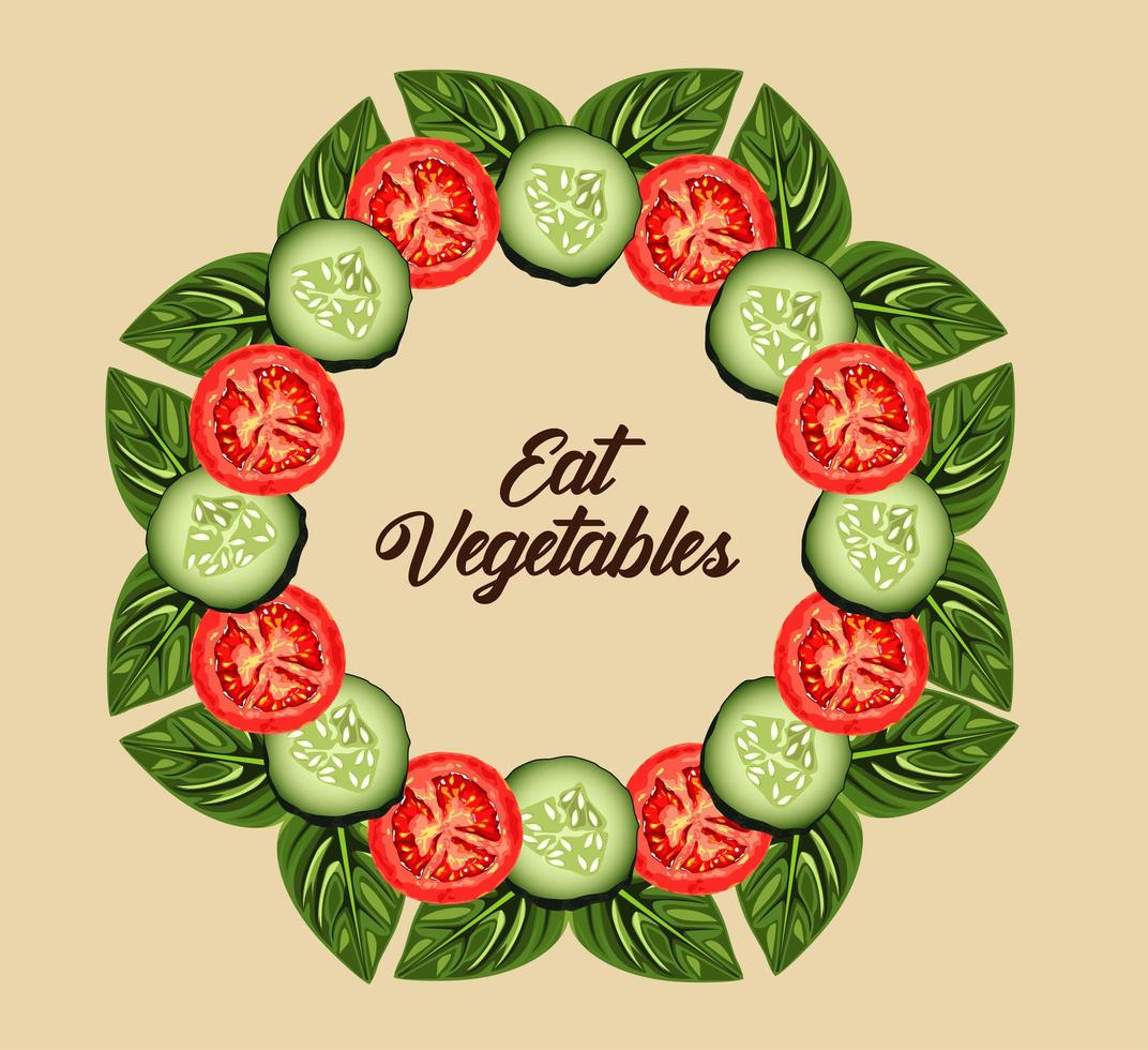 comer verduras cartel de letras con rodajas de tomates y pepinos alrededor vector