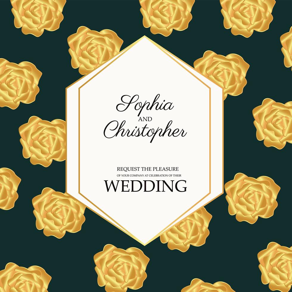tarjeta de invitación de boda con marco dorado y patrón de flores amarillas vector