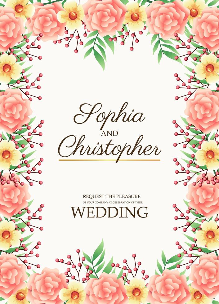 wedding invitation card with flowers pink border frame vector