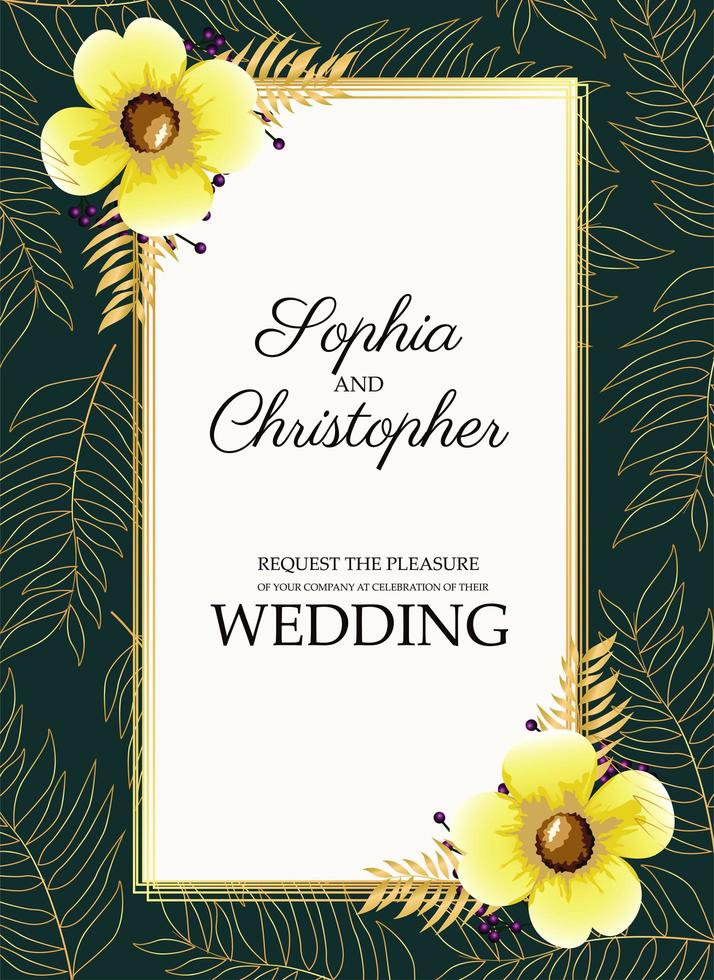 wedding invitation card with yellow flowers in corners frame vector