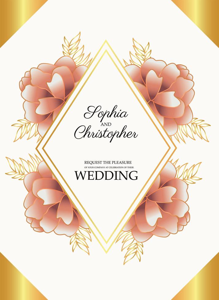 tarjeta de invitación de boda con marco de diamante dorado y flores rojas vector