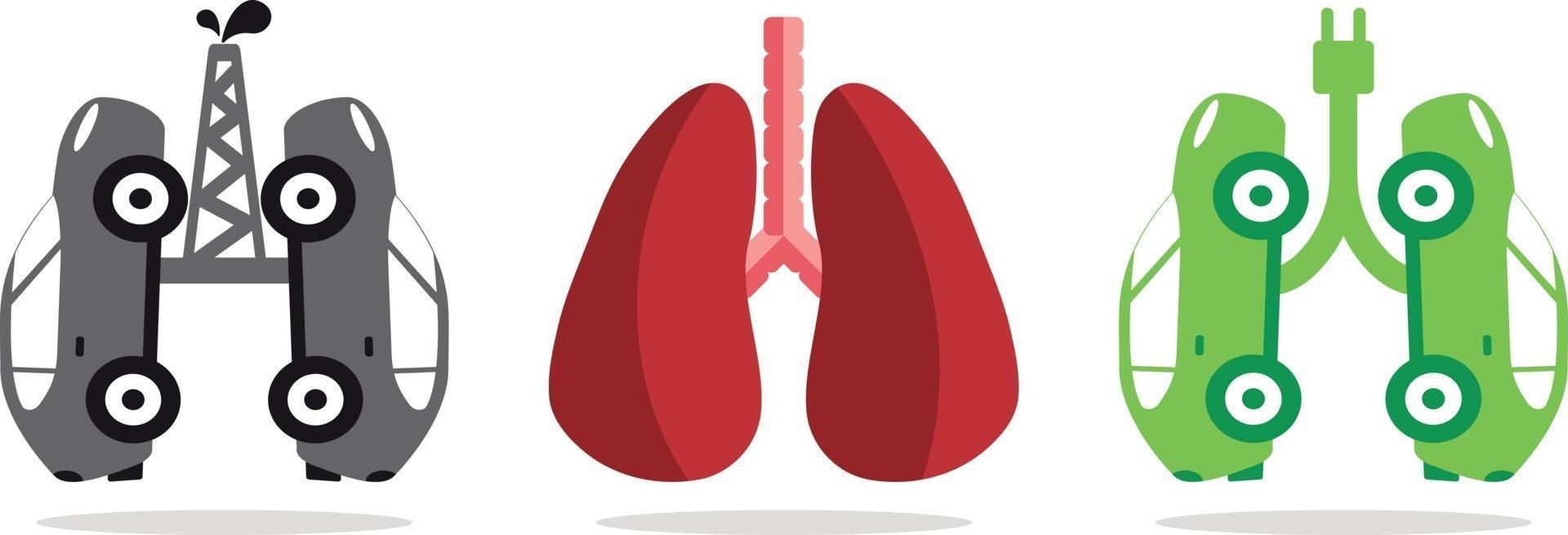 electric cars that simulate healthy lungs and combustion cars that simulate diseased lungs vector