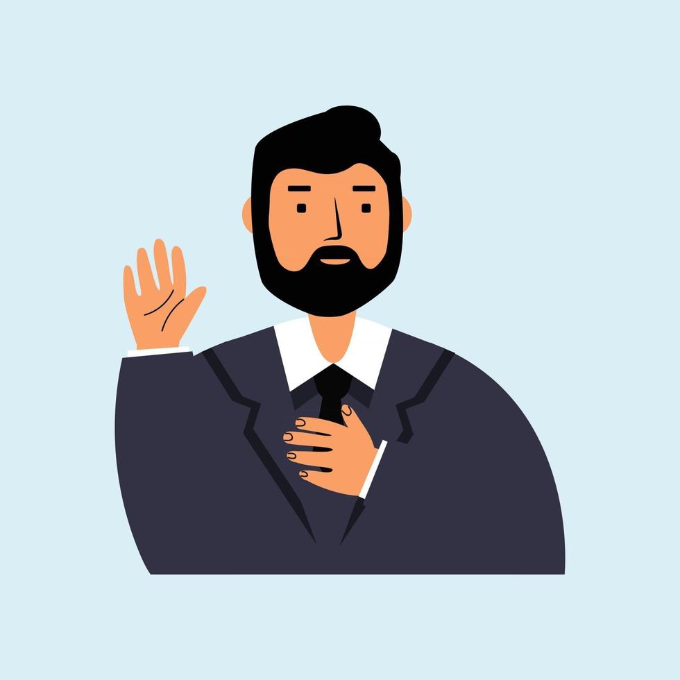 Businessman Making a Promise with hand on chest and open palm vector