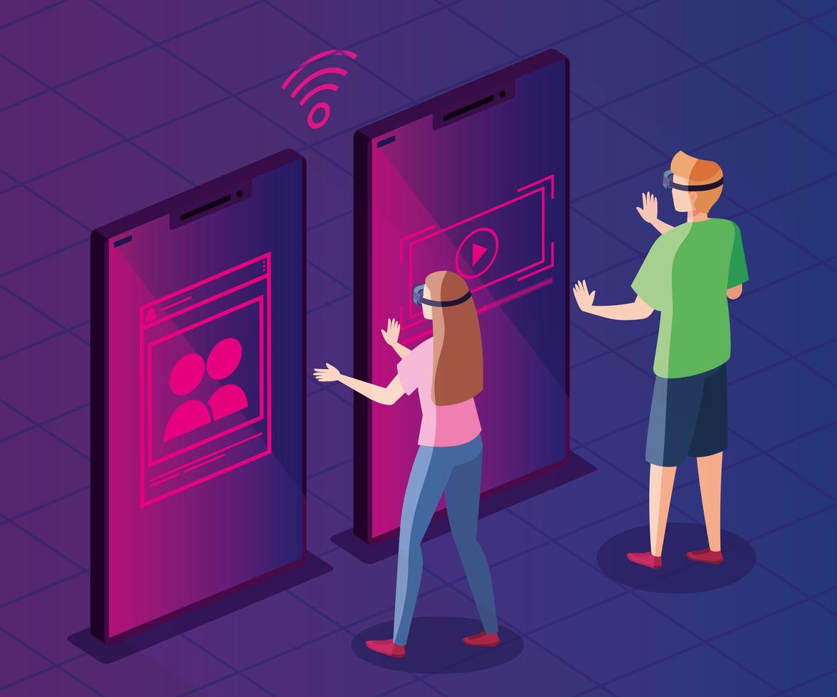 couple with glasses of reality augmented and smartphone vector