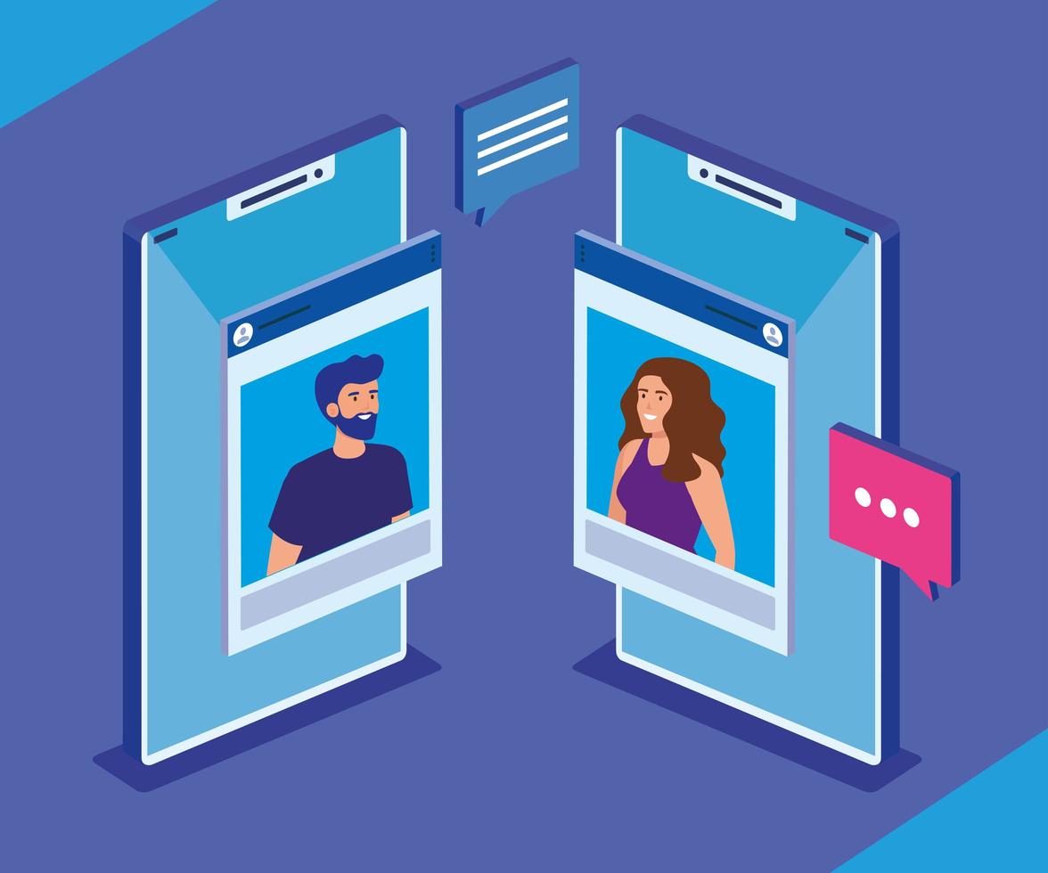 couple performing video call and social media icons vector