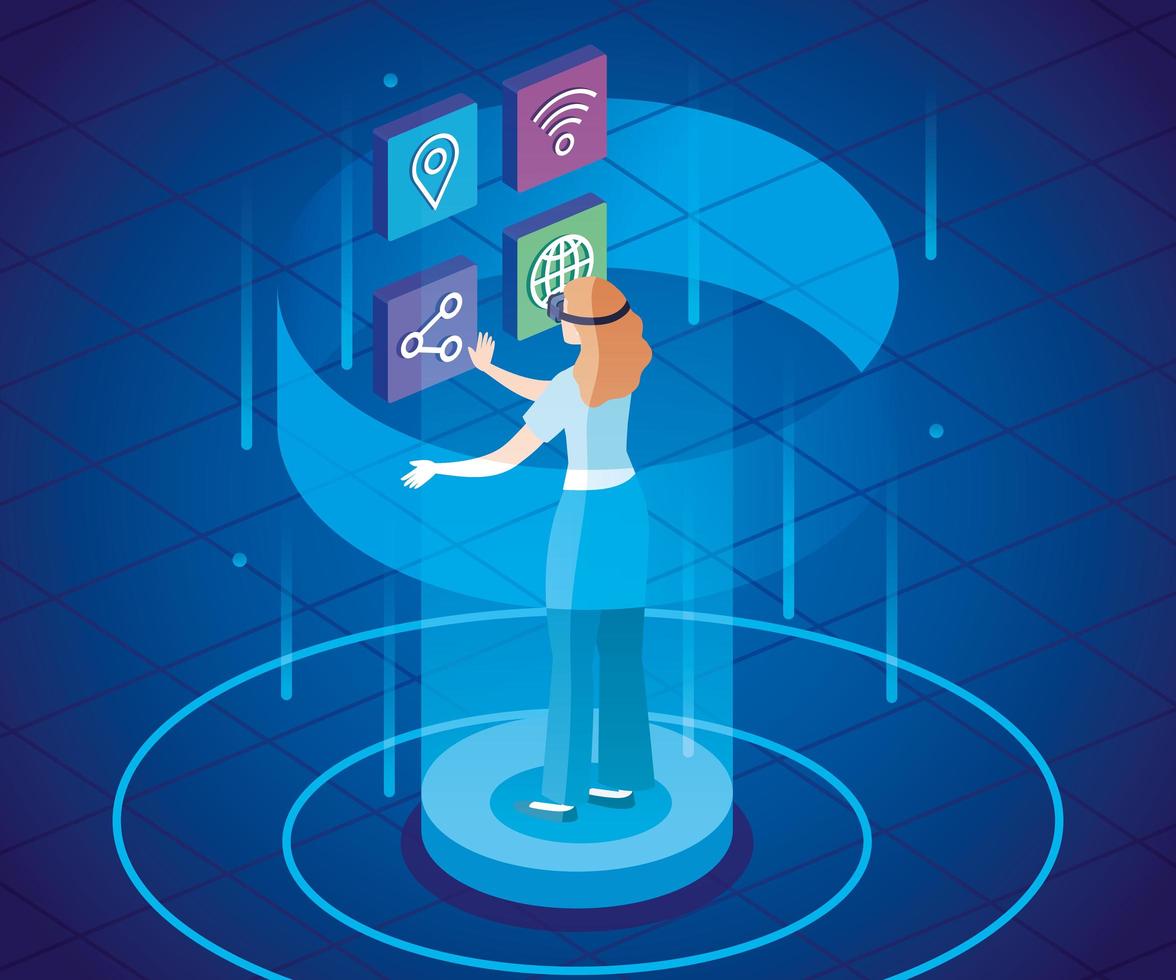 woman with glasses of reality augmented and social media icons vector