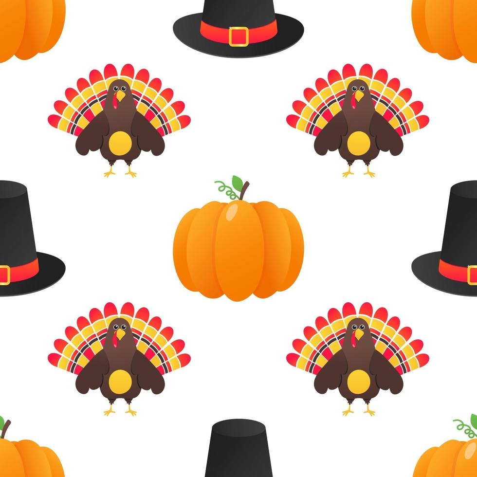 Seamless colorful thanksgiving pattern with turkey bird pumpkins and the hat vector