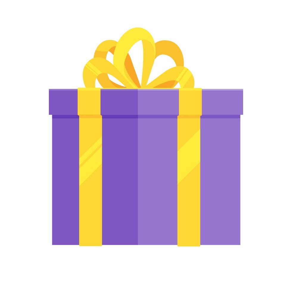 caja de regalo púrpura con cinta grande y lazo en él diseño de estilo plano vector